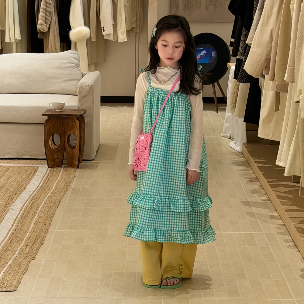 

Girls Spaghetti Strap Skirt 2026 Spring New Korean Version Spliced Plaid Spaghetti Strap Skirt Casual Daily Stylish Versatile