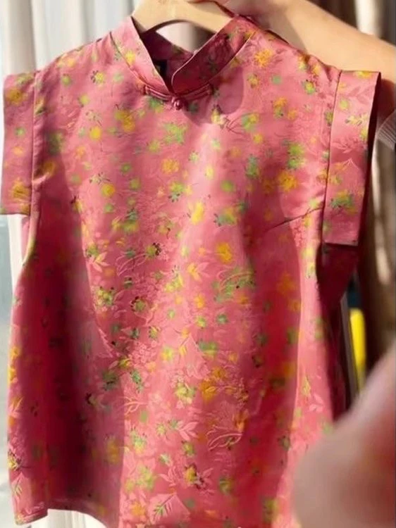 

New Chinese Sle Reformed Collar Zen Pink Print Top Summer 2025 Design Sensation Small Flng Sve irt