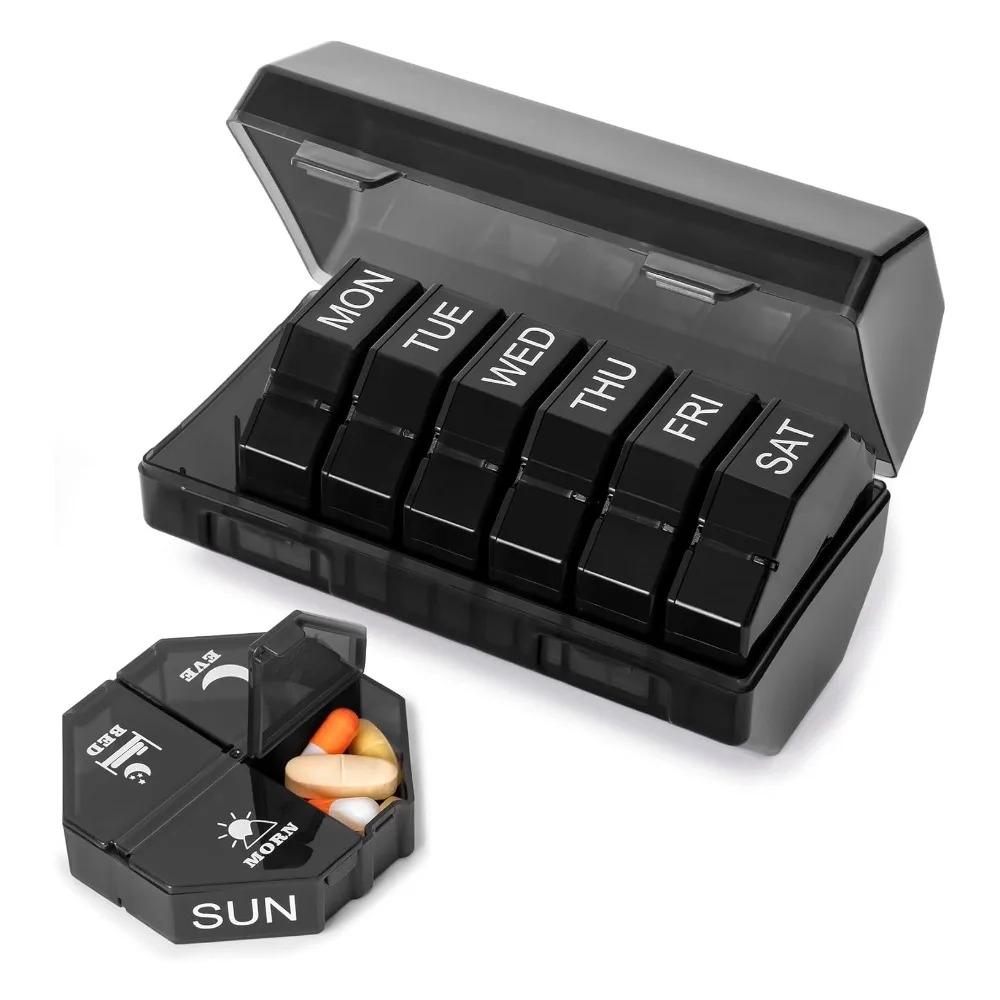 

Premuim Weekly Portable Travel Pill Organizer Box Case 4 Times A Day 28 Extra Large Compartments Container for Vitamin Fish Oil