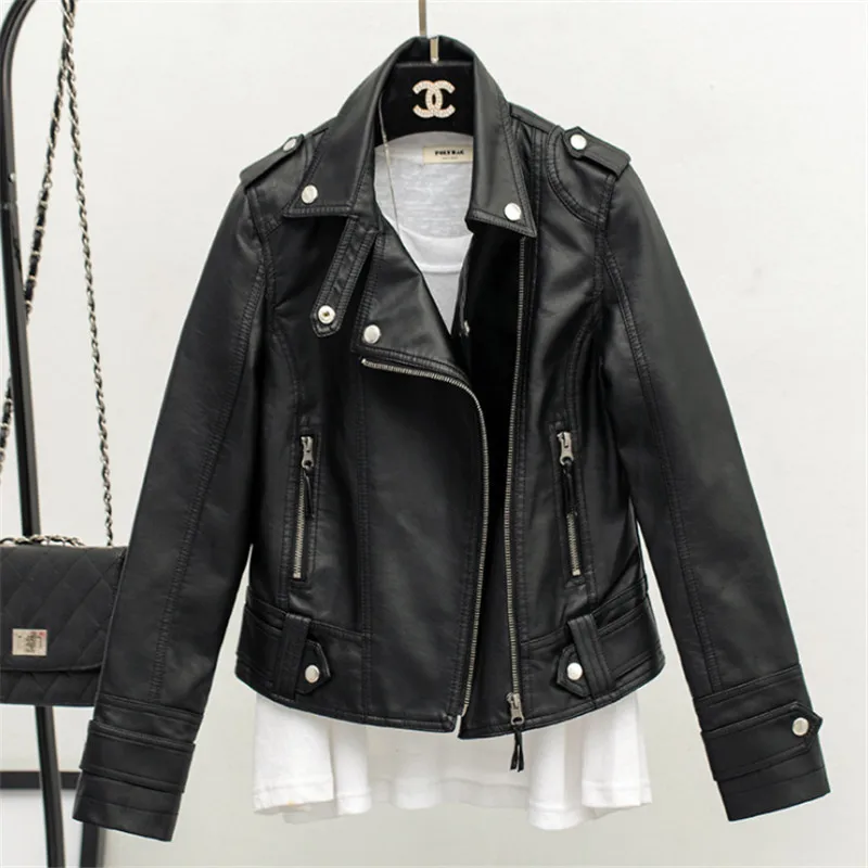 

2024 Spring Autumn Clothing New Slim Lapel Leather Coat Long Sleeve Women's Pu Jacket Motorcycle Clothing