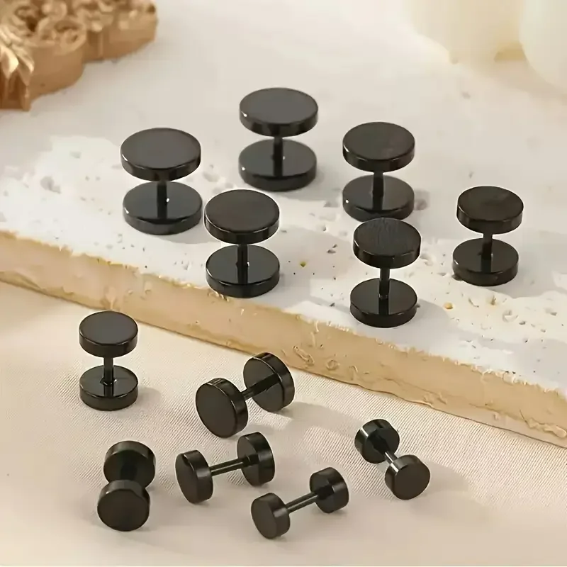 5 pairs of stainless steel barbell stud earrings, for men and women, 6-10mm black earrings, for men, punk false stud earrings