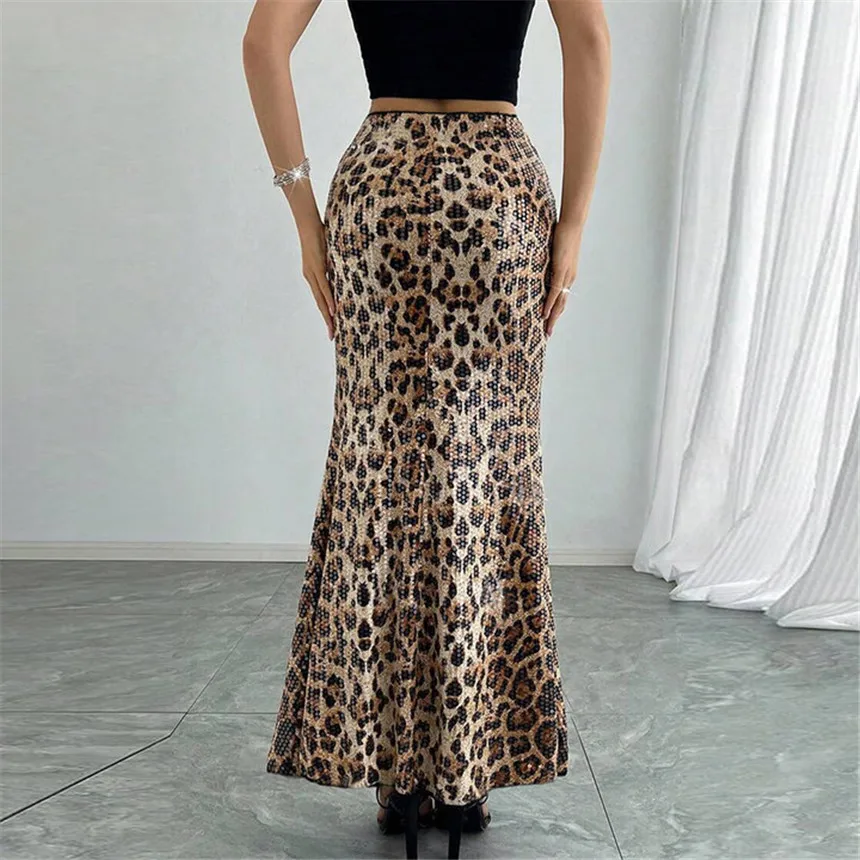 2026 Spring Leopard Print Sequins Skirt for Women New Fashion Versatile Elegant Bead Patchwork Long Dress Streetwear Female