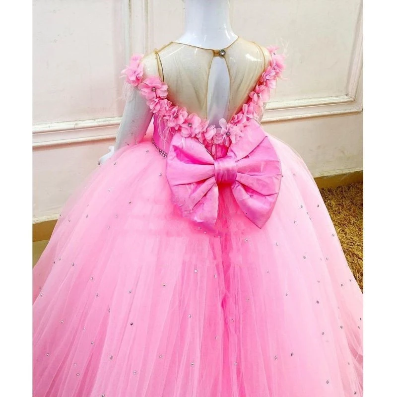 Robe de demoiselle d'honneur pour mariage, appliques 3D roses, perles de plumes, tulle gonflé, longueur au sol avec nœud, robe de Rhd'anniversaire pour enfants