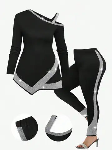 【Plus Size】 Two-Piece Set Patchwork Asymmetrical Neck Tee & Elastic Waist Pants, Casual Long Sleeve Asymmetrical Hem Top & Skinn