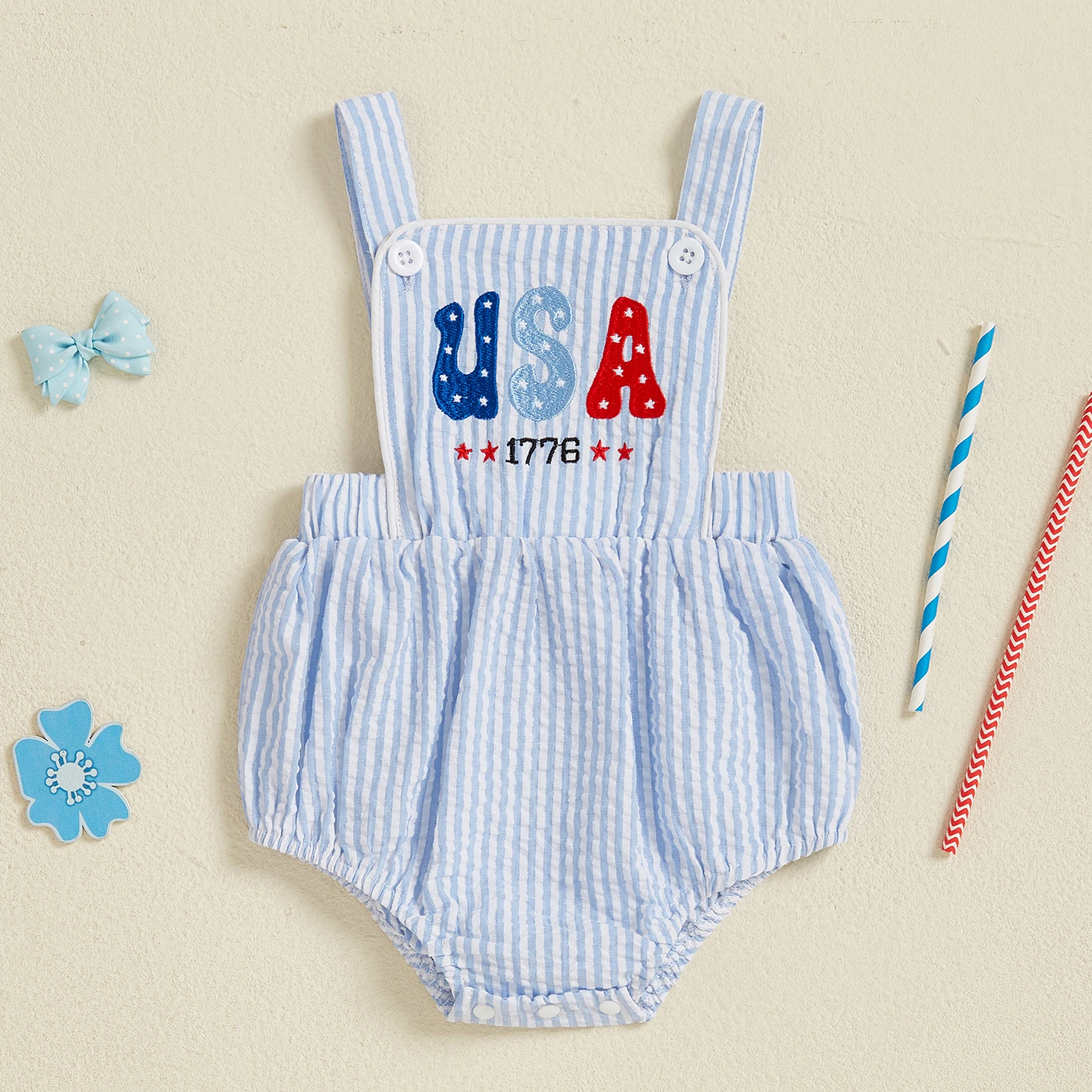 

BeQeuewll Baby Boys Girls Patriotic Overalls Summer Romper Casual Letter Embroidery Stripe Print Sleeveless Jumpsuit for Newborn