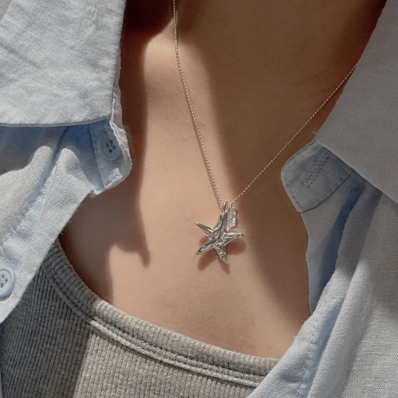 S925 Sterling Silver Necklaces For Women Simple Chain Fashion Minimalist Starfish Shape Necklaces Birthday Gift