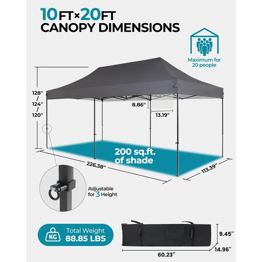 Portable Pop Up Canopy Tent 10x20, Durable 300D Silver-Coated Outdoor Shelter, Includes 4 Stakes, 4 Sandbags, and 4 Ropes, Easy