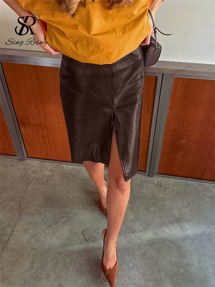 Retro PU Leather Split Skirt Female Autumn  High Waist French Senior Trend Office Lady Bodycon Straight Midi Skirt