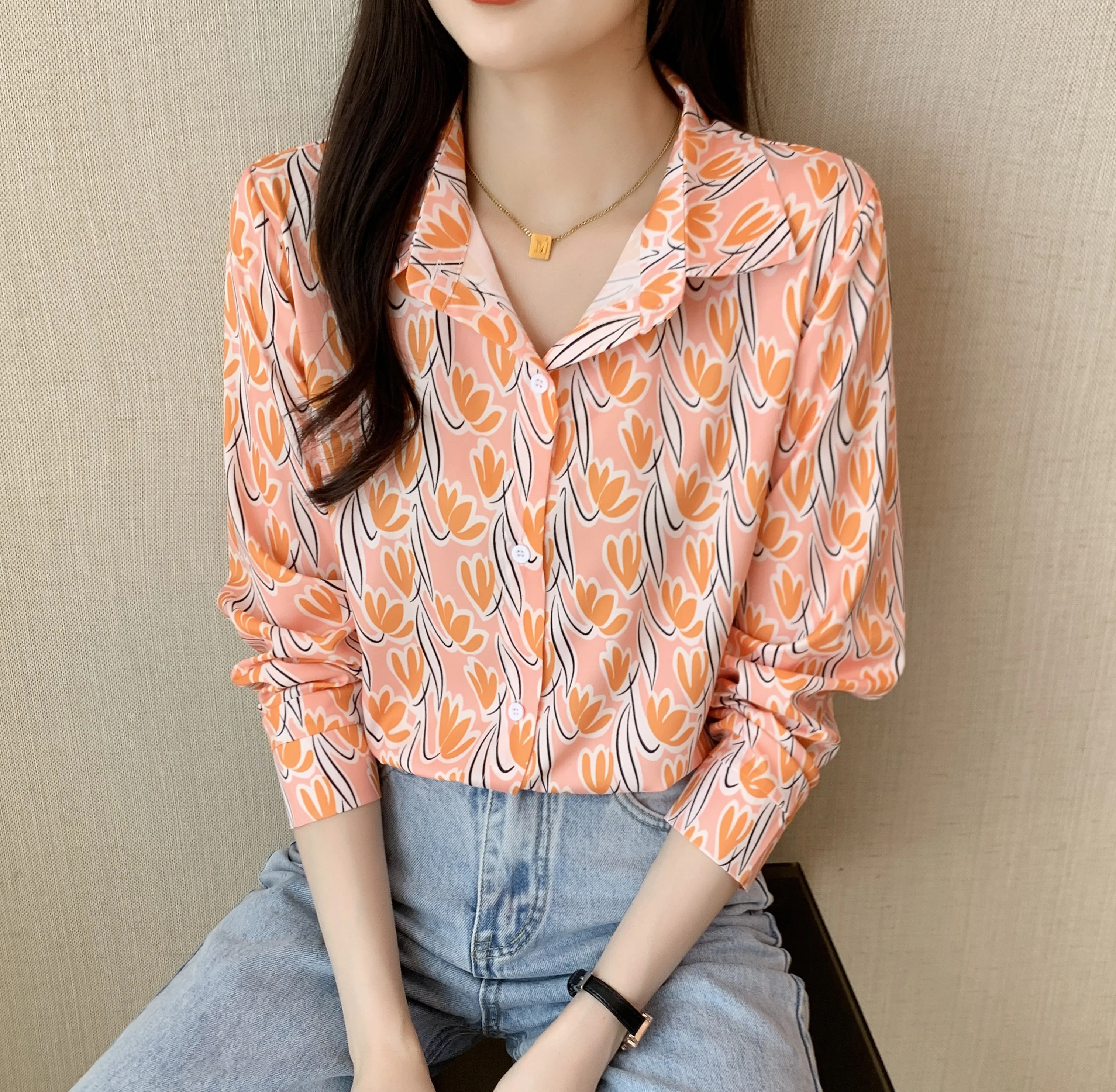 

2023 New Lady Elegant Chic Color Print Long Sleeve Shirt Womens Tops Blouse Camisas De Mujer