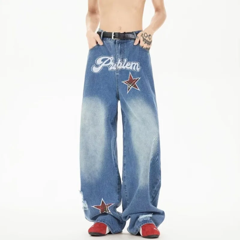 

Embroidered Scimitar Jeans Men's Trendy Brand High Street Retro Silhouette Ripped Loose Wide-leg Trousers Hairpin P44 Sport Y2k