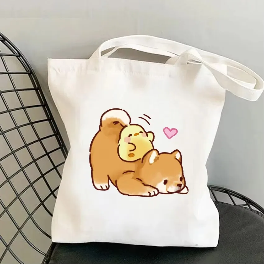 

Canvas Shoulder Bag Shiba Inu Chick Interaction Print Brown Shiba Yellow Chick Gold Star Decor Sweet Cute Casual Shoulder Bag