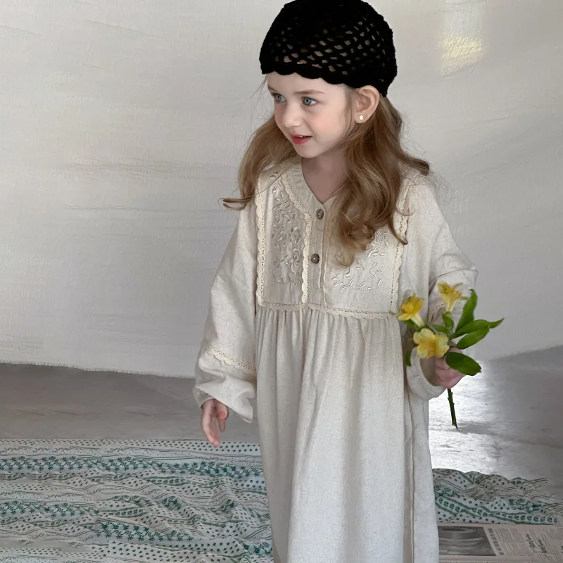 2026 New Spring Girls Vintage French Long Sleeve Dress, Simple Lace Trim Sweet Kids Baby Skirt for 90-130cm