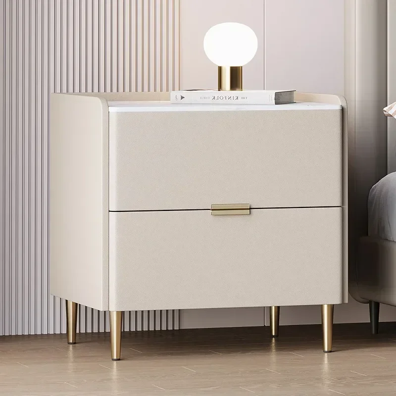 Solid wood, cream style, smart bedside table, simple modern rock slab bedroom, household light luxury high-end bedside table