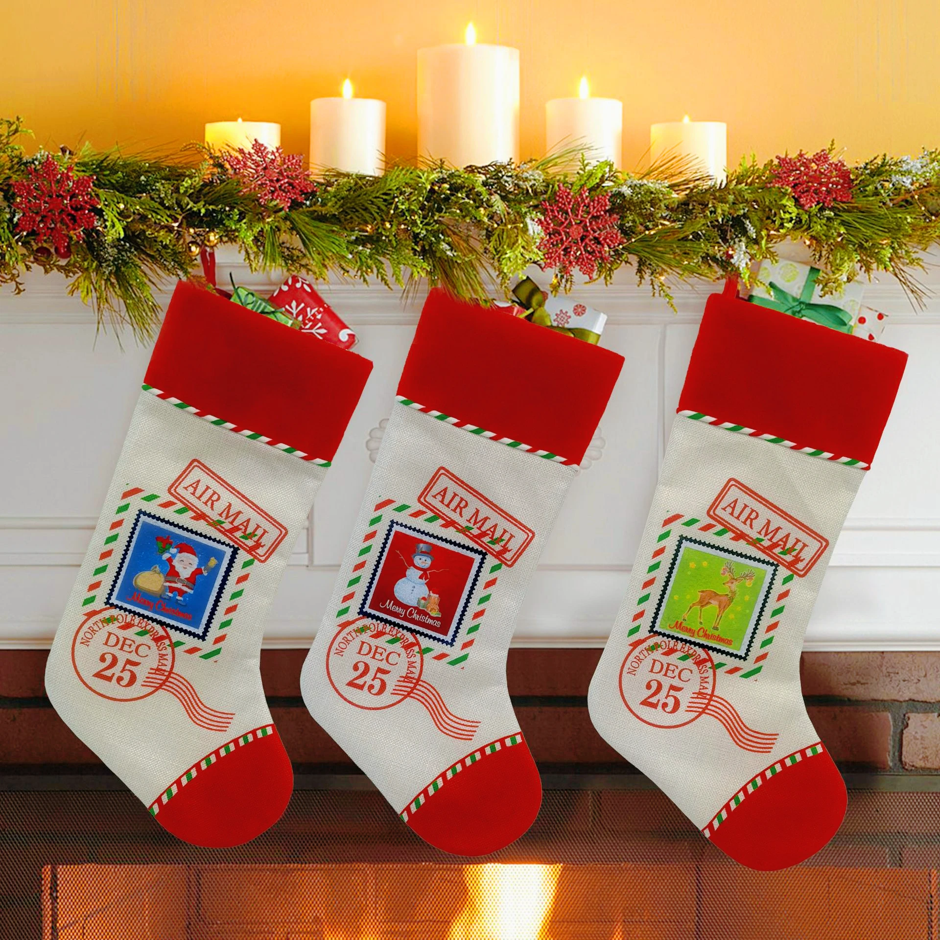 

Festive Christmas Stocking with Santa Reindeer Print, Cozy Holiday Gift Bag for Fireplace Decor, Family Xmas Home Decoration