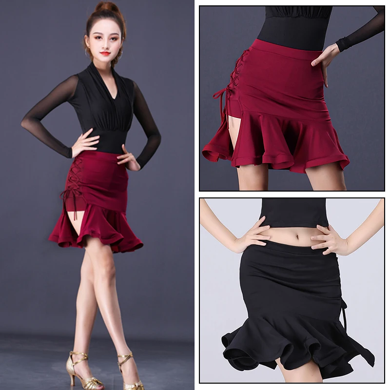 

Women Classic Latin Dance Skirt Asymmetrical Ruffle Skirt Side Split Dance Skirt Salsa Chacha Tango Rumba Practice Stage Costume