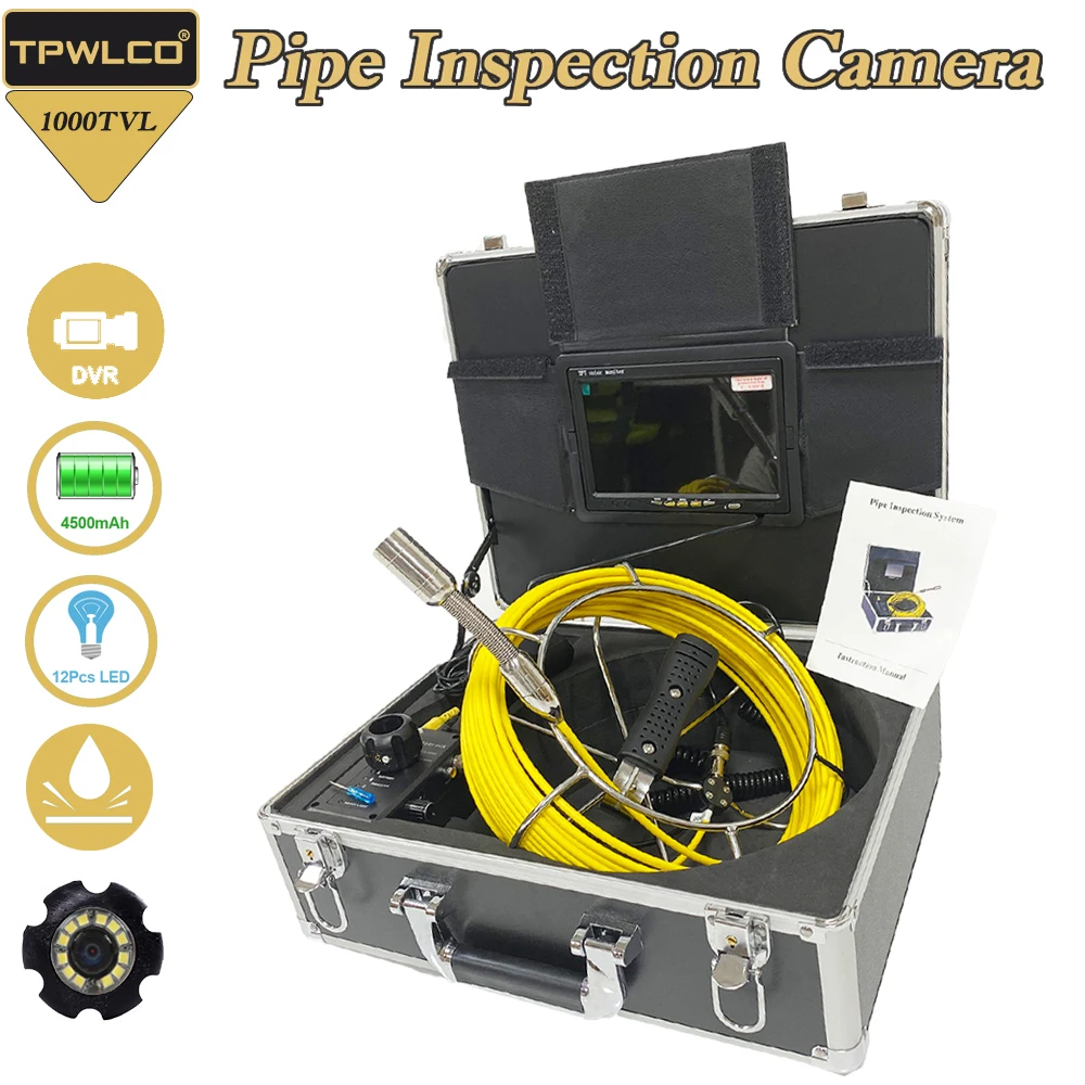 DVR 23mm Waterproof Pipe Camera 7inch LCD 20m Cable 12pcs LEDS Drain Inspection Sewer Endoscope Video System 12V4500mAh Battery