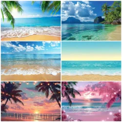 Summer Seaside Beach Backdrops for Photography Palm Tree Blue Sky Sunrise Sea Wave Backgrounds Hawaii Travel Party Decor Props