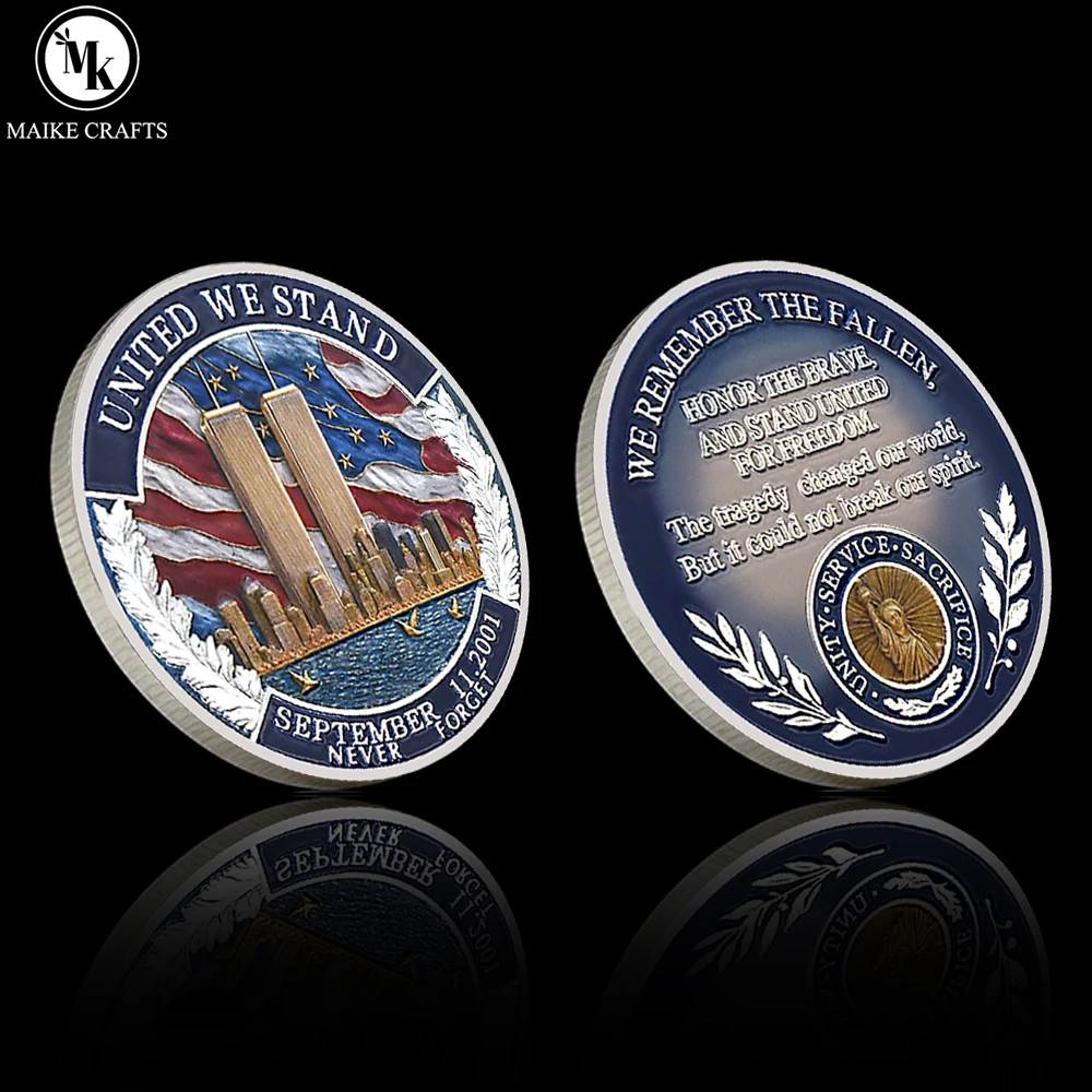 September 11 Memorial Challenge Coin United We Stand Never Forget Twin Towers American Flag Patriotic Collectible Keepsake