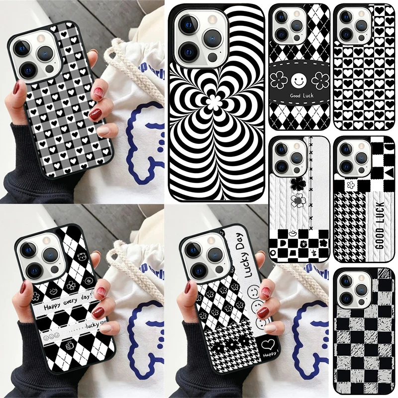 Luxury Chessboard Grid Love Heart Phone Case Cover For iPhone SE 2020 16 13 14 15 Pro Max 12 Mini 11 15 Pro Max 7 8 Plus Max