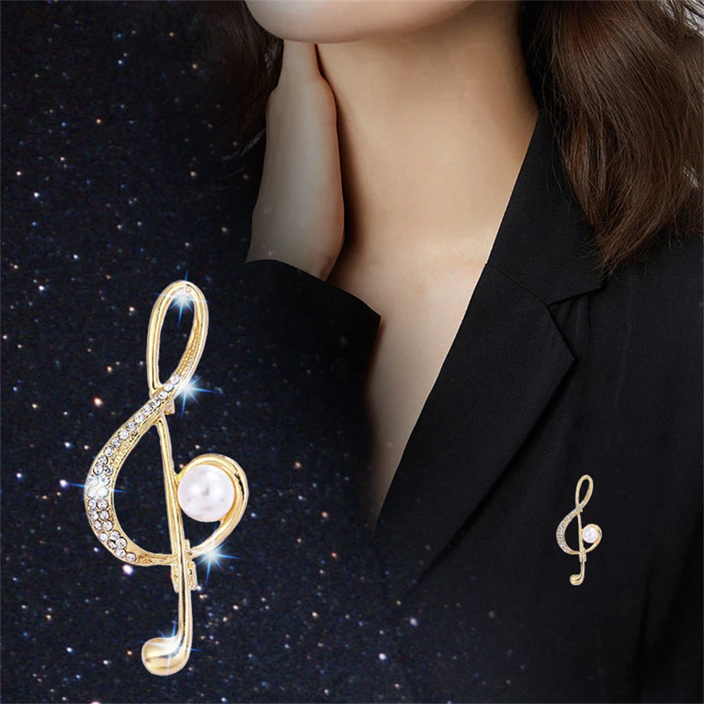 Simple Crystal Musical Note Pearl Brooches for Women Luxury Music Symbol Brooch Pin Fashion Concert Jewelry Musician Lapel Pins