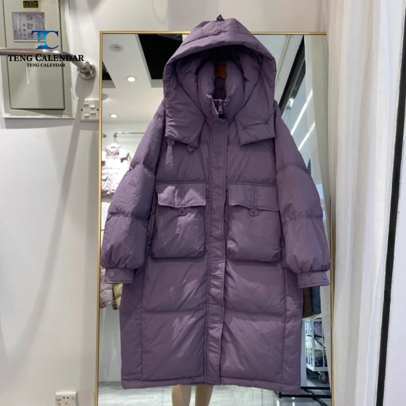 Korean style waist cinched hooded down jacket, medium to long thick and warm over the knee jacket, women 2025 winter new style