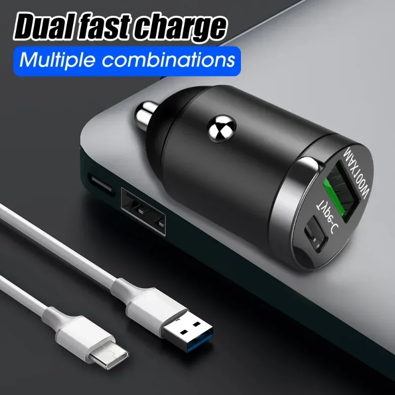 Mini 100W PD QC Pull Ring Phone Charging Car Charger USB C Car Phone Charger Adapter for IPhone 15 14 13 Xiaomi Samsung Huawei