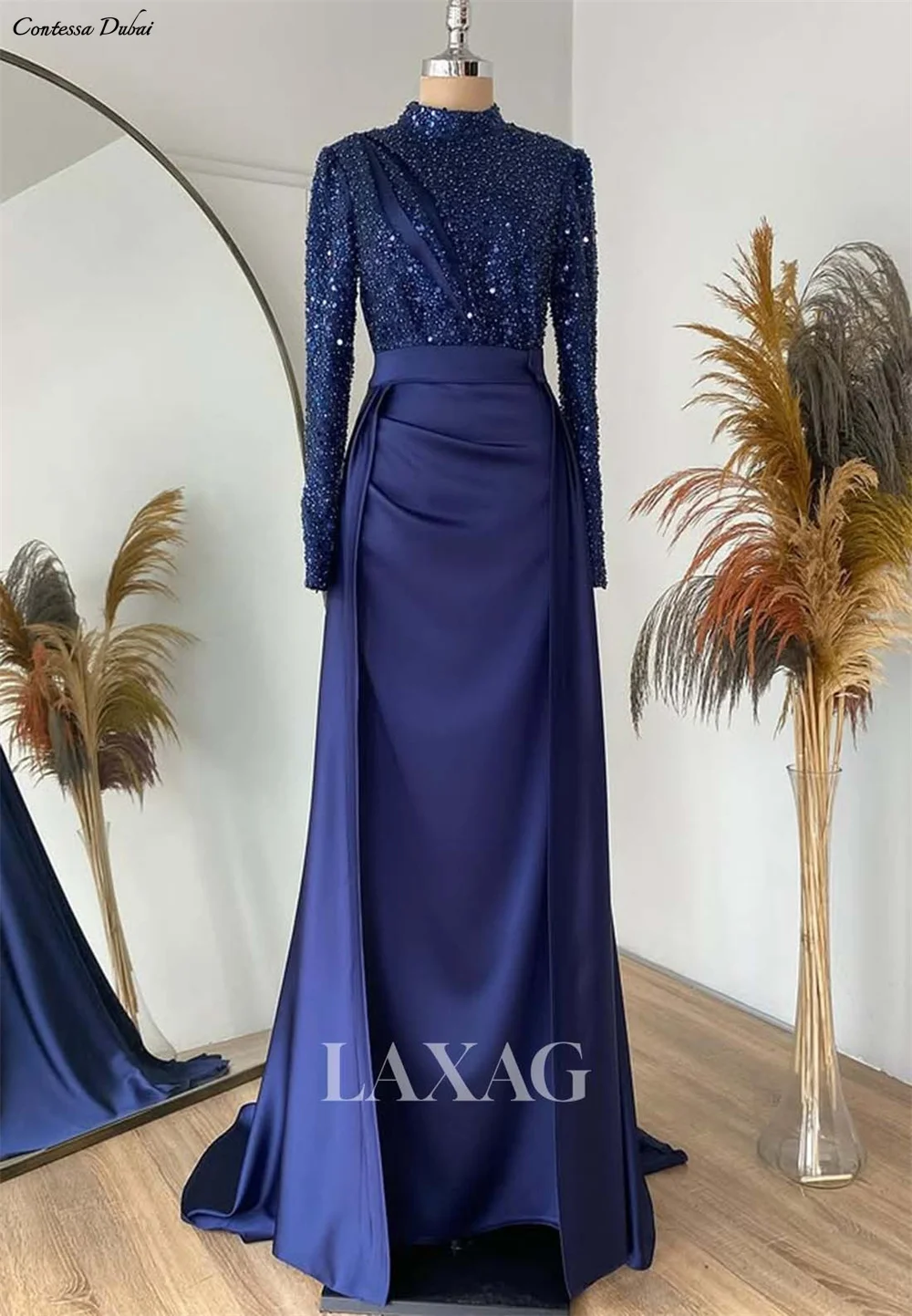 

Contessa Custom prom dress formal gown bridesmaid dress wedding guest dress Aline highneck longslv sequin satin maxi elegant