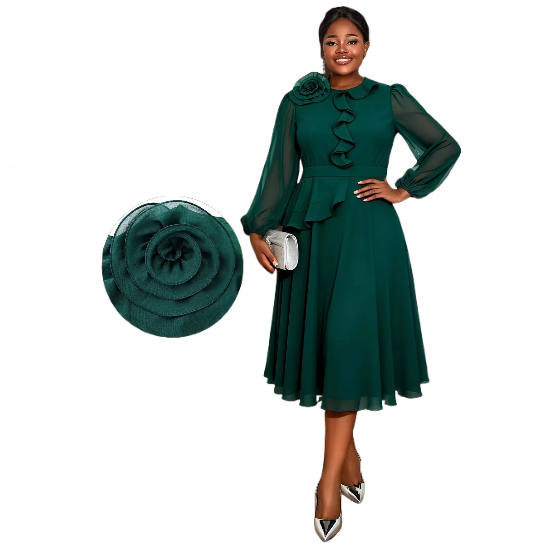 

Chic Three-dimensional Flower Long-sleeved Front Ruffle Edge Formal Evening Party Dress Green