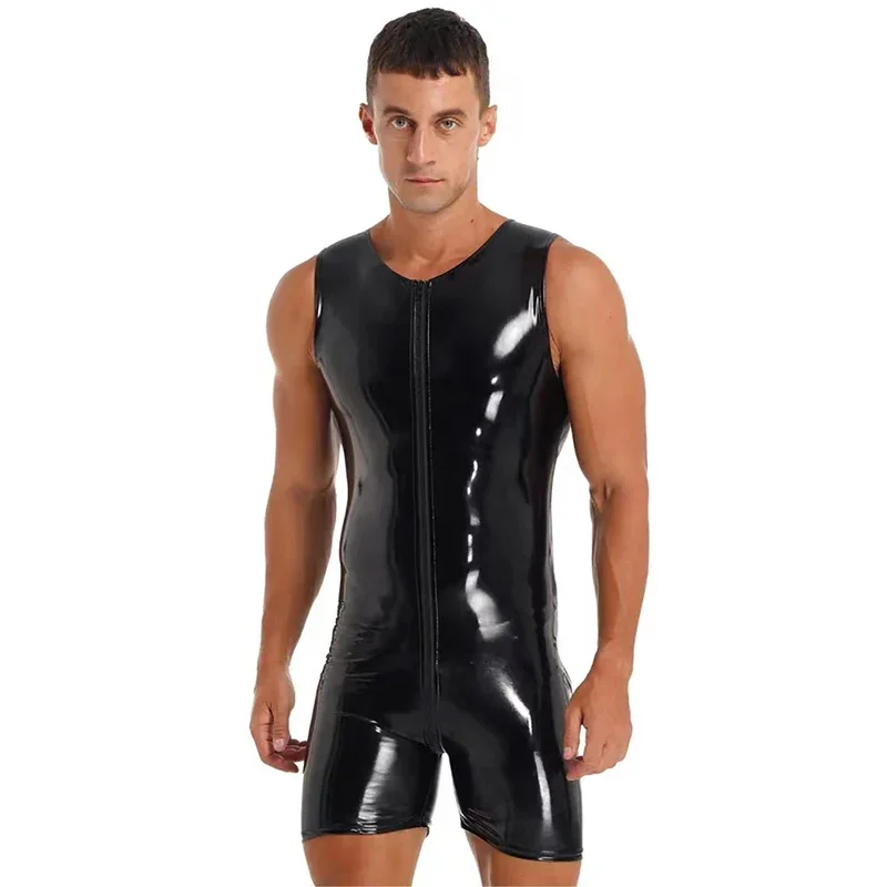 S-7XL Men Shiny PU Leather Two Way Zipper Open Crotch Bodysuit Sleeveless Wet Look PVC Slim Rompers Sexy Tight Cosplay Palysuits