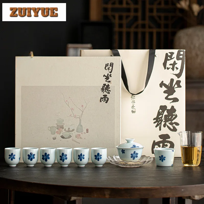 

Boutique Hand-painted Blue and White Tea Set Household Handmade Cover Bowl Set Vintage Tea Set Bowl and Cup Cha Decoration Gift