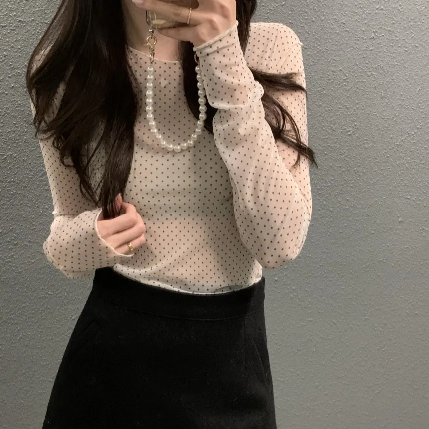 

Womens Top Early Spring New Korean Version Polka Dot Fashion Perspective Mesh Long Sleeved Base Shirt Daily Casual and Stylish
