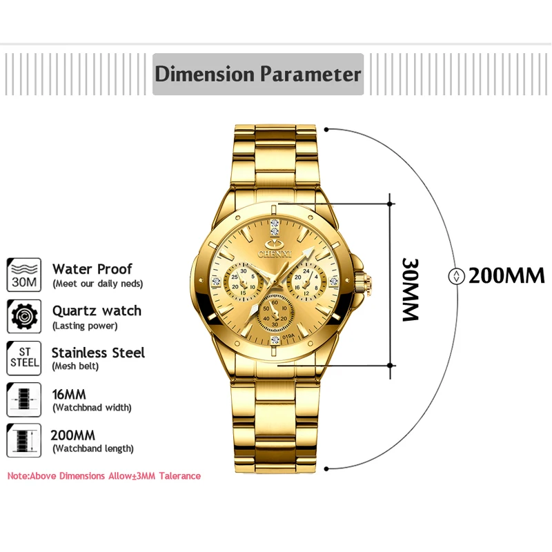 CHENXI Brand Fashion Gold Women Watch Ladies Watch Quartz Watches Luxury Clock Stainless Steel Waterproof Wrist Watches Female