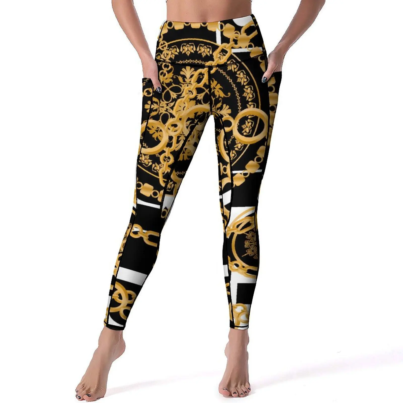 Gouden Kettingen Leggings Sexy Zwart Wit Blok Push-Up Yogabroek Vintage Stretch Leggins Vrouwen Bedrukte Hardloopsportpanty 'S