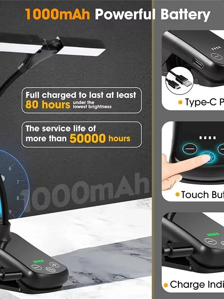 Rechargeable Book Light in Bed 2 Adjustable LED Clip-on Read Light Portable Book Reading Lamp Mini Night Light For Kids Bedroom