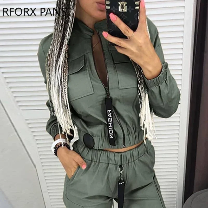 Women Soild Pockets Zipper Design Ruched Coat & Cargo Pants Sets Casual Women Sets