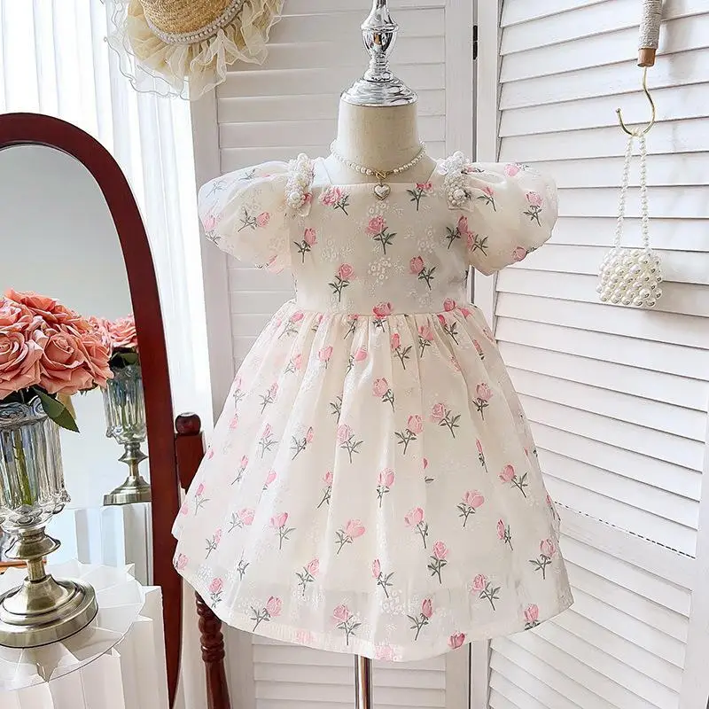 Vestido de princesa con lazo para niña, falda Floral con manga de burbuja, a la moda, novedad de verano 2024