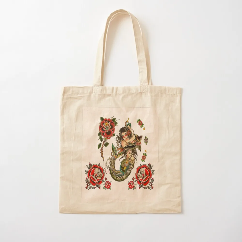 Traditional Pretty Mermaid Holding Trident, Sea Monster and Skull Roses Tattoo Tote Bag Gift bag Women's shopper