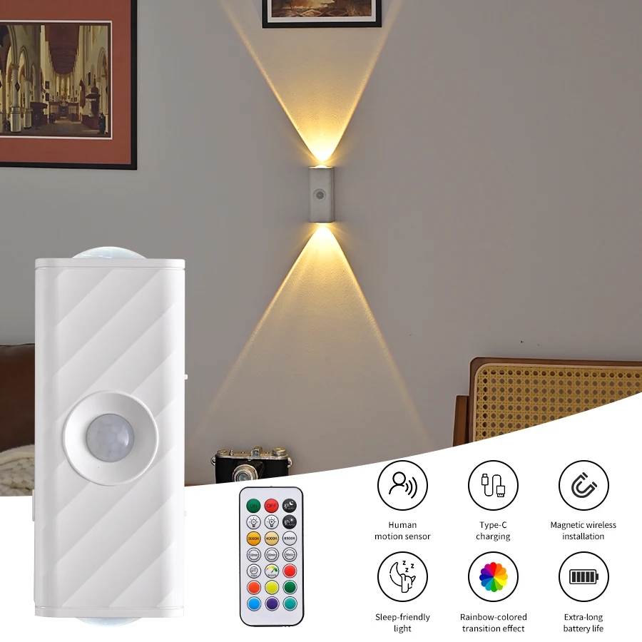 Motion Sensor LED Wall Light RGB Rechargeable Double-head Night Light Magnetic Spotlight with Remote Control for Bedroom Stair