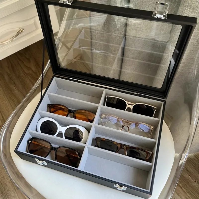 Clear Top Leather Eyeglass Display Case, Slot Velvet Lined Sunglasses Organizer Box for Men Women with Multi-Compartment Storage