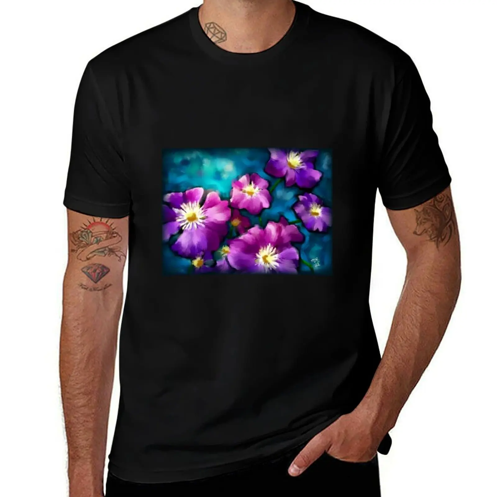 

Purple Clematis w/Teal Background T-Shirt plain tops football t shirt black t-shirts for men