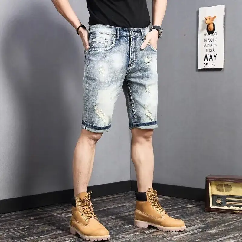 Korean Fashion Cowboy Washed Vintage Denim Shorts Men's Casual Summer Knee Length Straight Retro Classic Streetwear Shorts Jeans