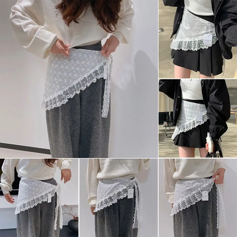 

Embroidered Flower Lace Mini Skirt See Through Y2K Streetwear Ruched Skirts Harajuku Cotton Lace Up Ruffles Skirt