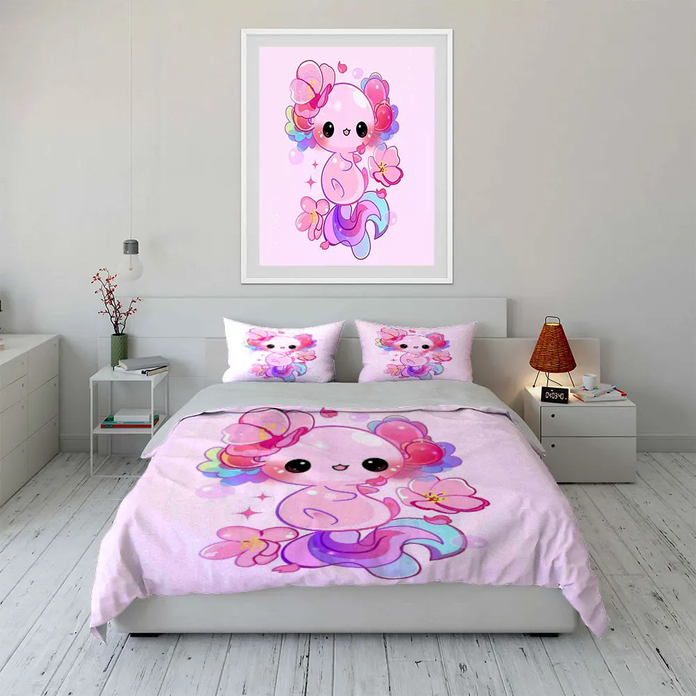 Pink aquatic fairy with flowers Pattern Duvet Cover Set Digital Print Colorful Polyester Bedding with Zipper Closur for gifts