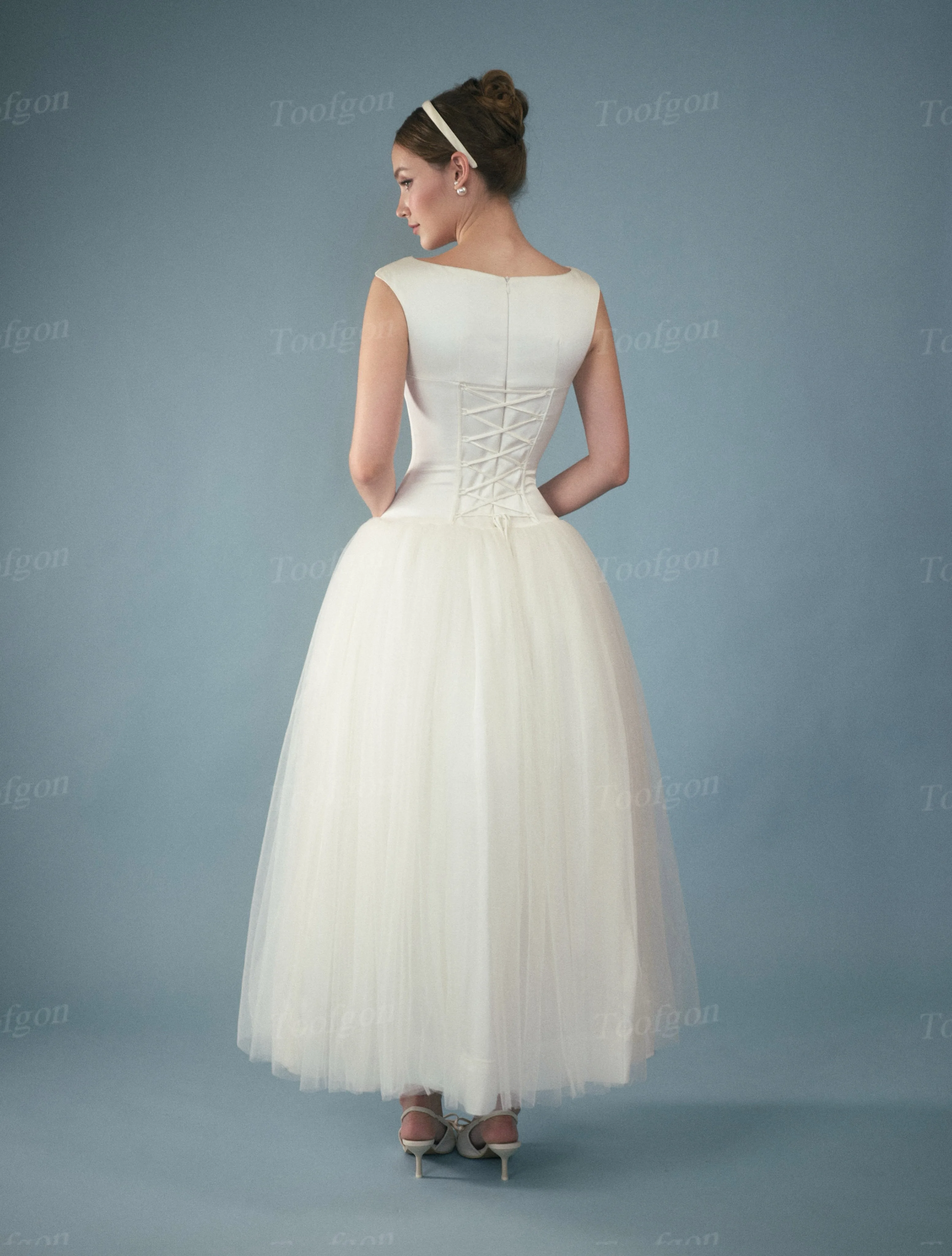 Toofgon Customized Dropped Waist Midi Wedding Dresses A Line Tulle Formal Bride Gowns Cap Sleeves Long Bridal Photography Dress