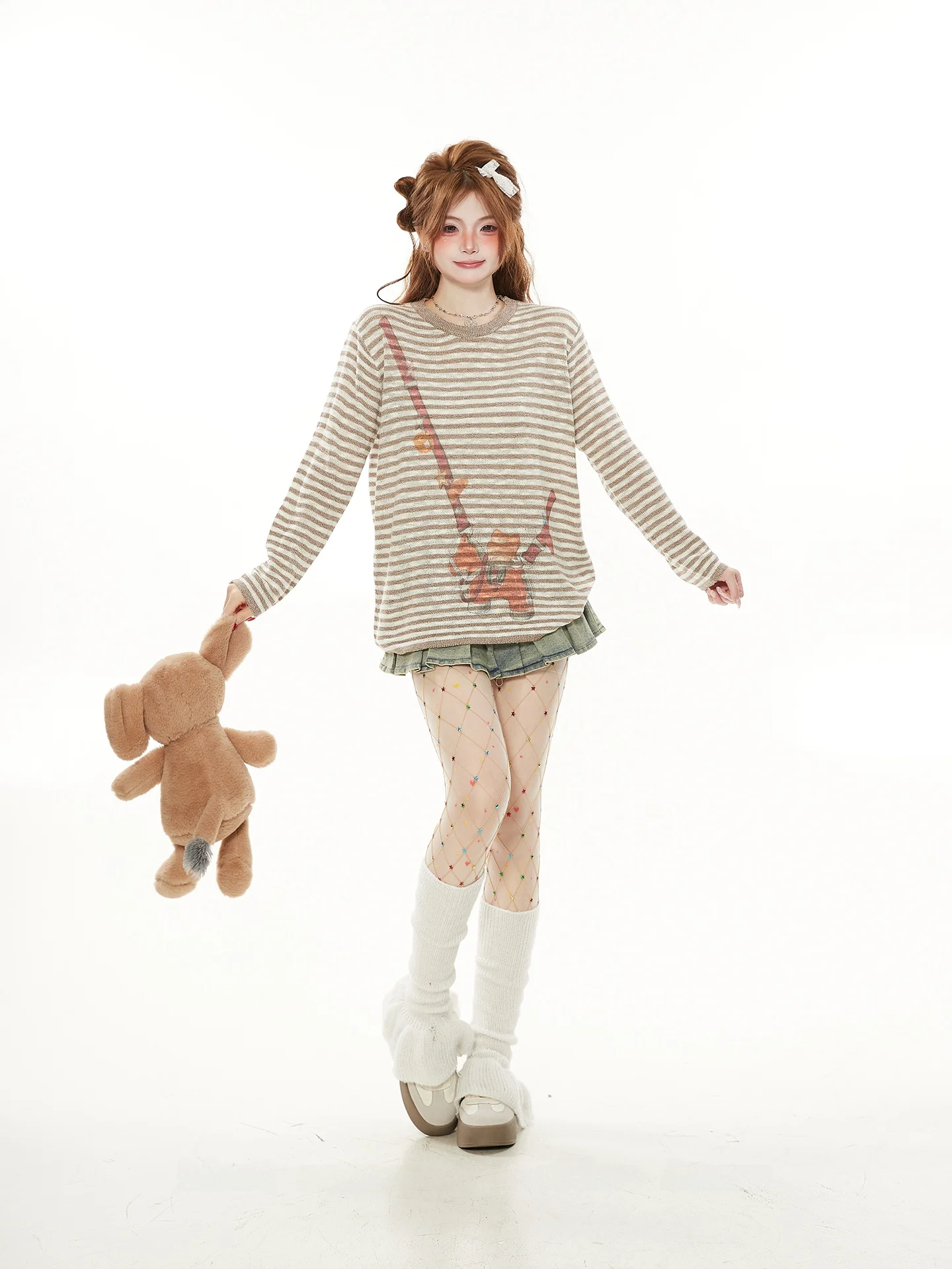 

Ретро-топ с американским мультяшным принтом, вязаный, свободного кроя, в корейском стиле, с длинным рукавом, тонкий, для весны и лета, женская модная одежда