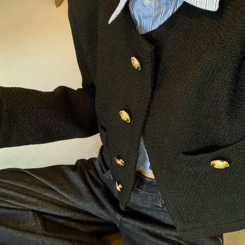 Schwarze Jacke im koreanischen Stil für Damen, kurzer Stil, Frühlings- und Herbststil, süßer Stil, Pendler, Büroangestellter, kurze Outdoor-Jacke