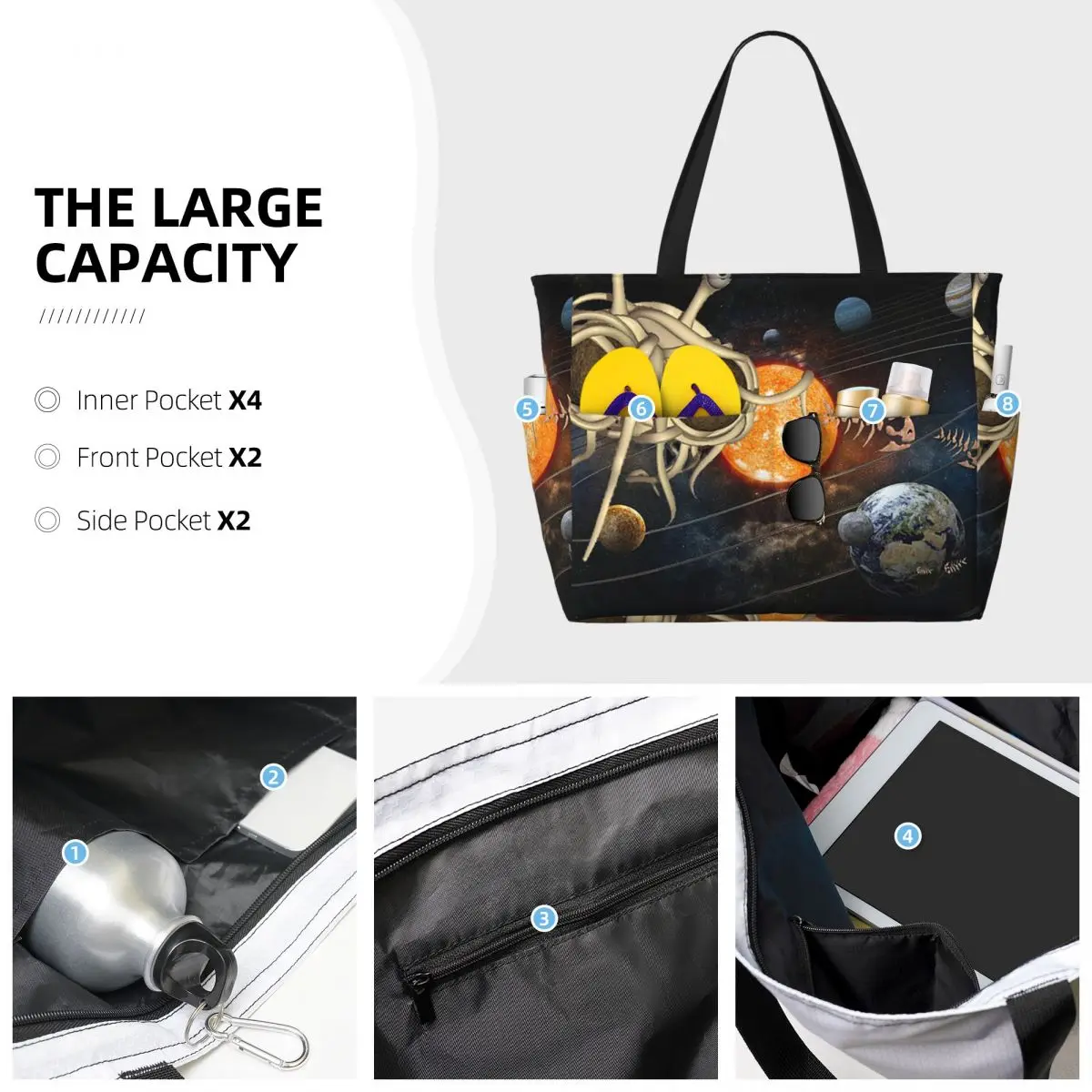 The Flying Spaghetti Monster Flying Spaghetti Monsterism FSM Beach Tote Bag  Large Tote Bag Women Travel Bag Fitness bag