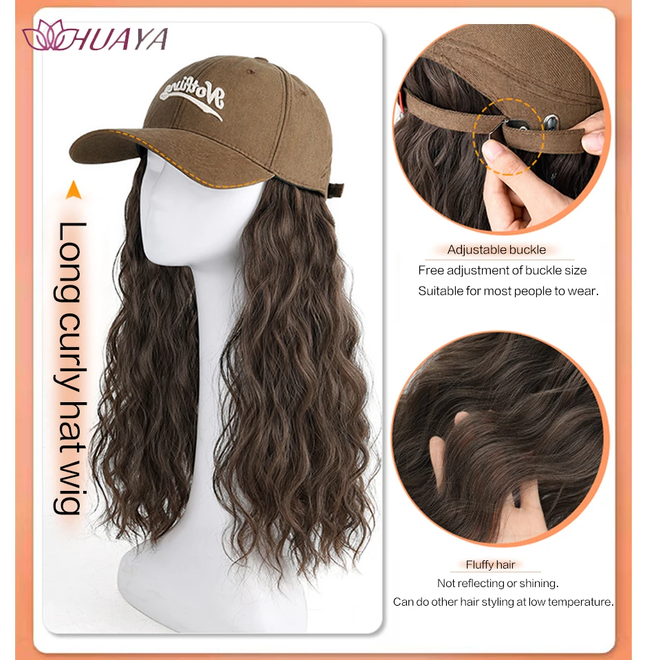 Long Corn Curly Hat Wig for Women Natural Brown Wigs Connect Synthetic Synthetic Baseball Cap Hair Hat Wig Adjustable Fake Hair