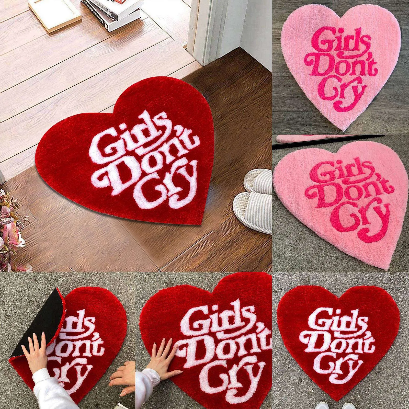 Girls Don’t Cry Heart Shaped Rug Soft Floor Mat Bathroom Living Room Foot Mat Home Bedroom Bedside Carpet Valentine's Day Rugs