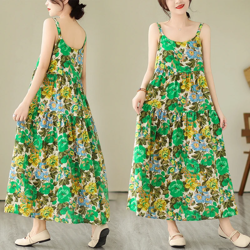 

New 2024 Loose plus Size Cotton Linen Long Dress Women's Strap Dress Knee-Length Thin Model Ethnic Stage Costume